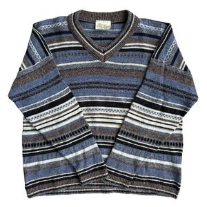 Woolcraft Sweater Mens XL Blue Brown Striped Wool V Neck Knit New Zealand Earthy